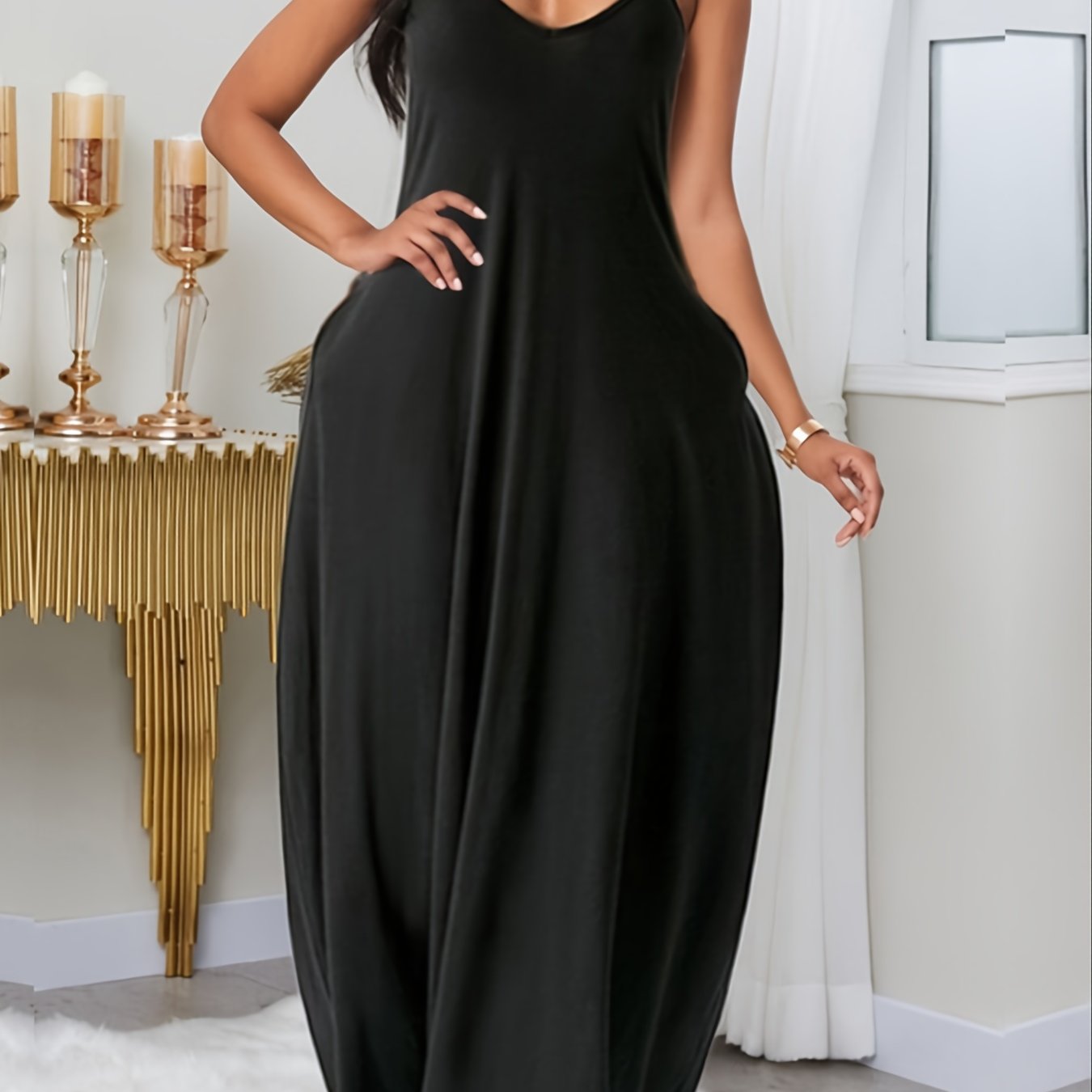  Solid Maxi Dress With Pocket Women's Plus Long Dress