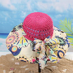Boho Print Stitching Sun Hat Wide Brim Vintage Crochet Straw Hat