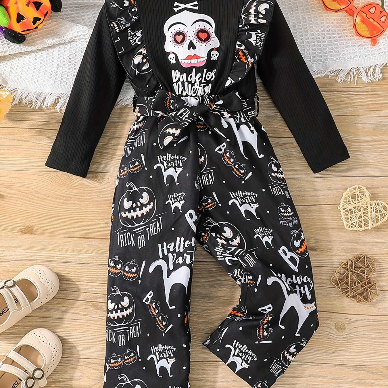 Toddler Girls Skeleton Print 2 In 1 Long Sleeve Top And Overalls Set