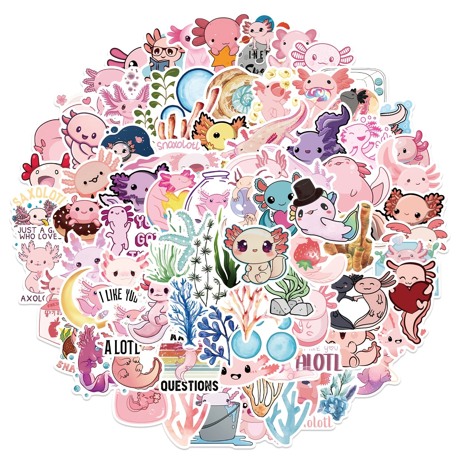 100 Axolotl Stickers Cartoon Anime Self Adhesive Waterproof Hand Bill Stickers
