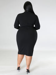  Solid Long Sleeve V Neck Slim Fit Midi Dress Women's Plus