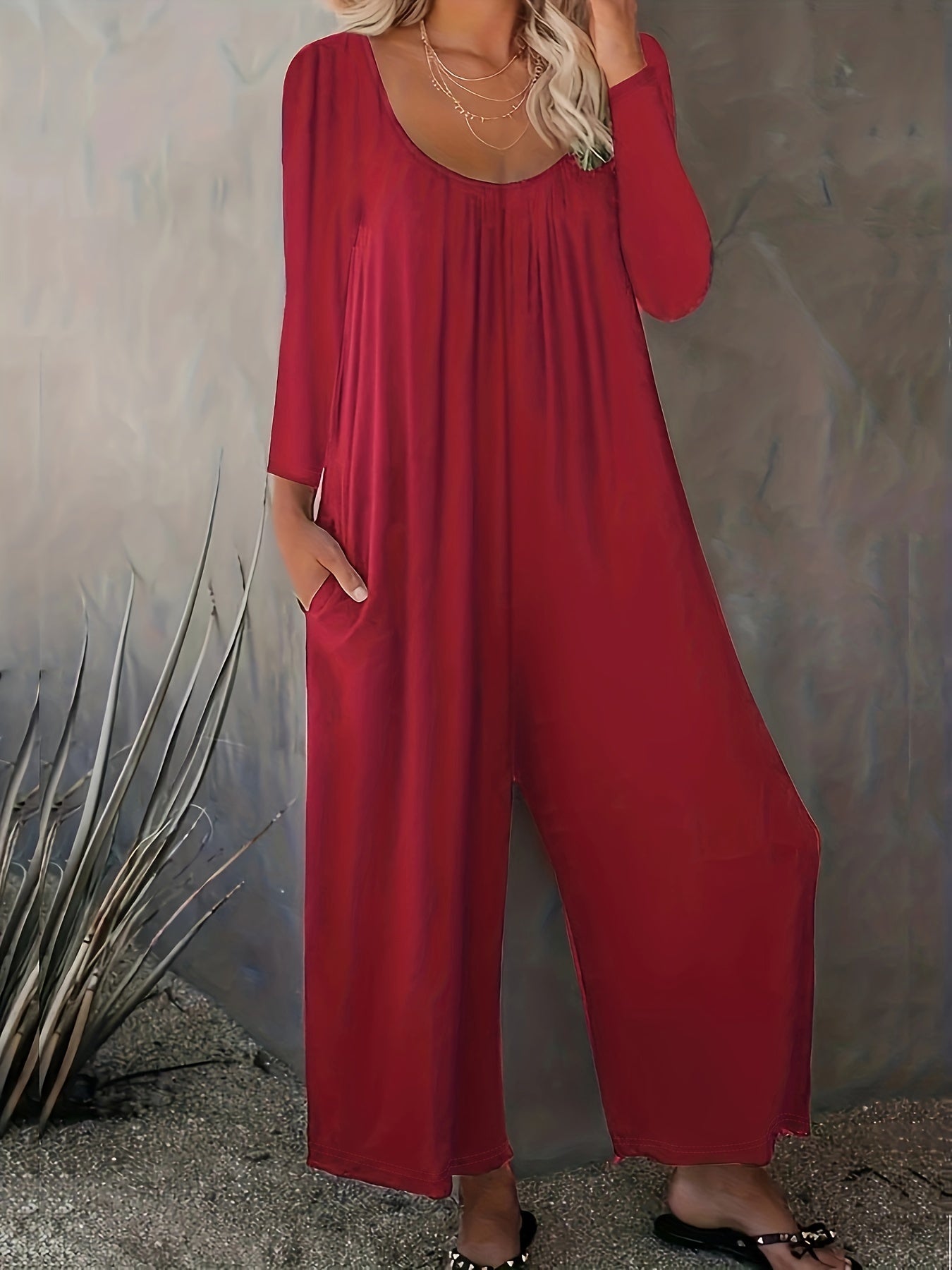  Solid Long Sleeve Round Neck Wide Leg Jumpsuit