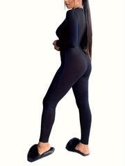 Solid Lounge Jumpsuit Long Sleeve V Neck Buttons Jumpsuit Women's Loungewear