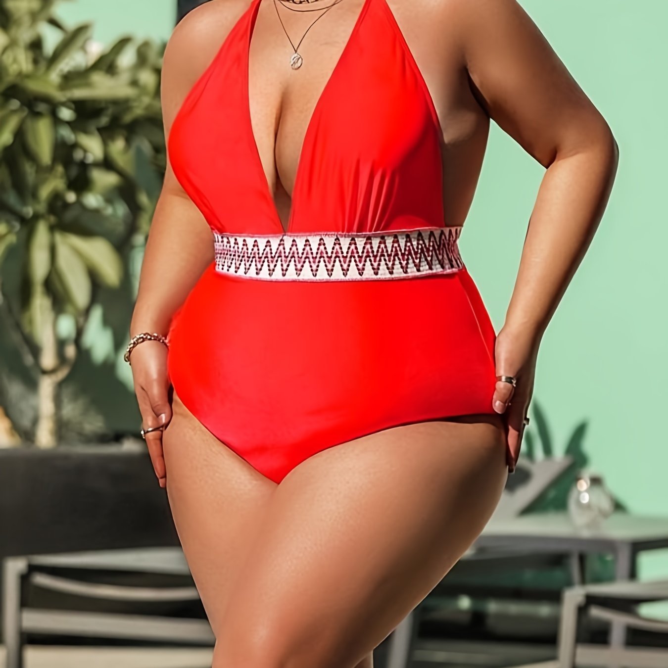  Colorblock Halter Neck One Piece Swimsuit