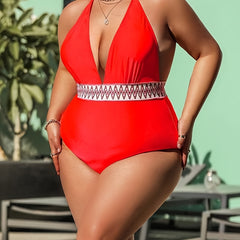  Colorblock Halter Neck One Piece Swimsuit