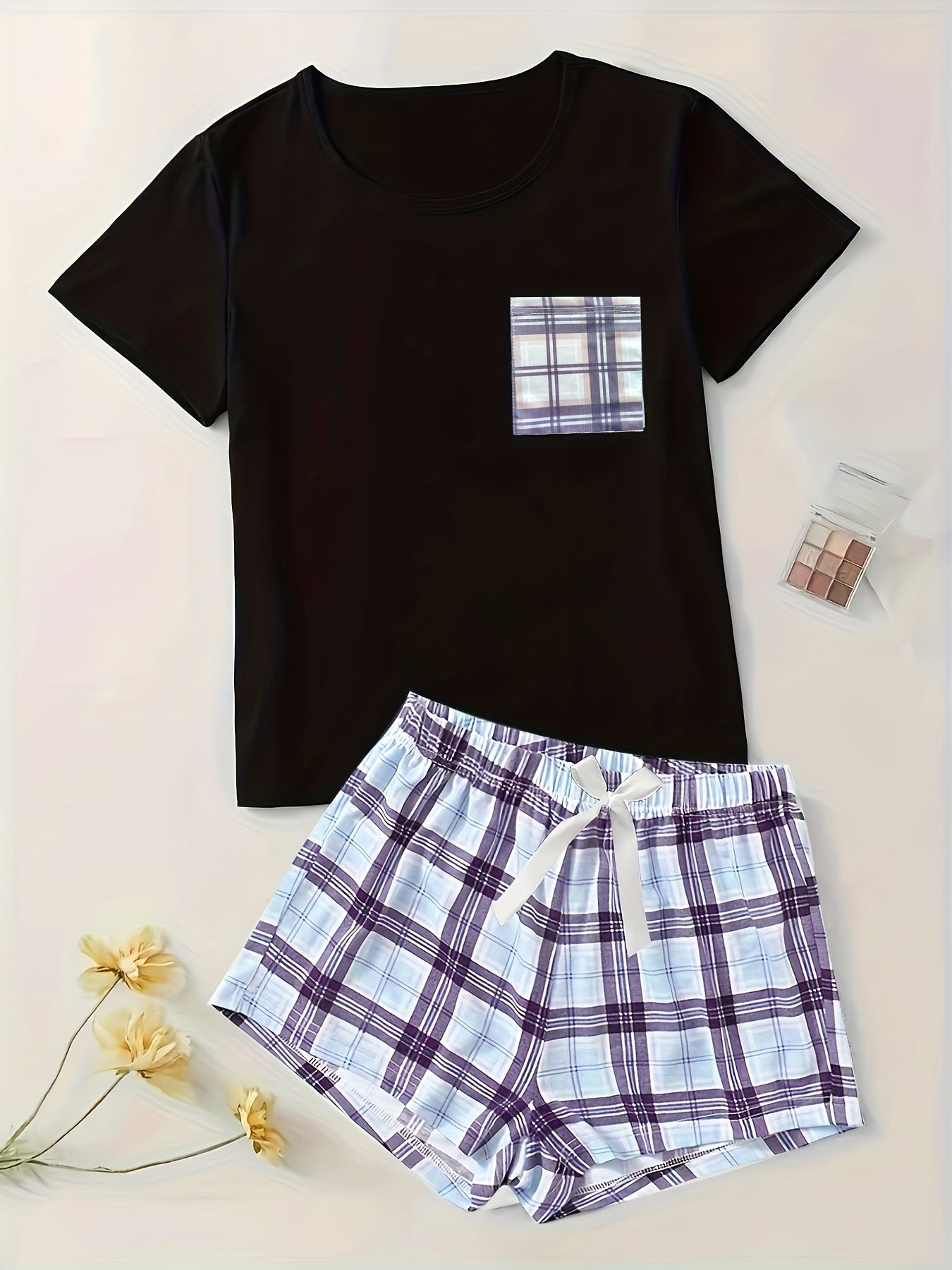 Plaid Pajama Set Short Sleeve Top & Bow Shorts
