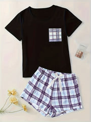 Plaid Pajama Set Short Sleeve Top & Bow Shorts