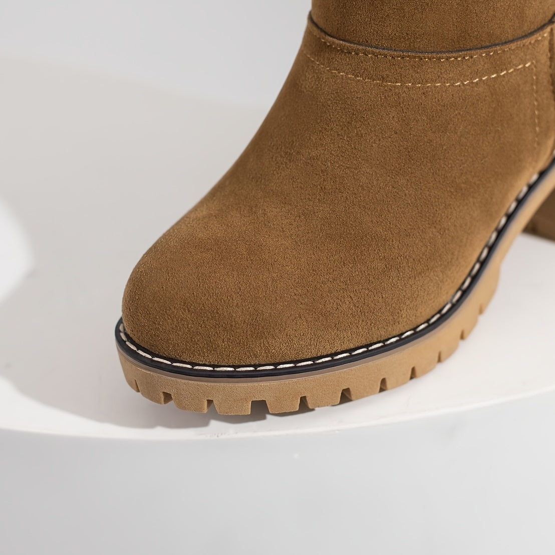 Women's Stacked Heel Mid Calf Snow Boots Plush Winter Slip On