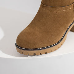 Women's Stacked Heel Mid Calf Snow Boots Plush Winter Slip On