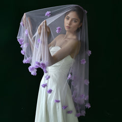 Purple Bridal Veil with 3D Floral Embellishments Short Soft Nylon Fabric