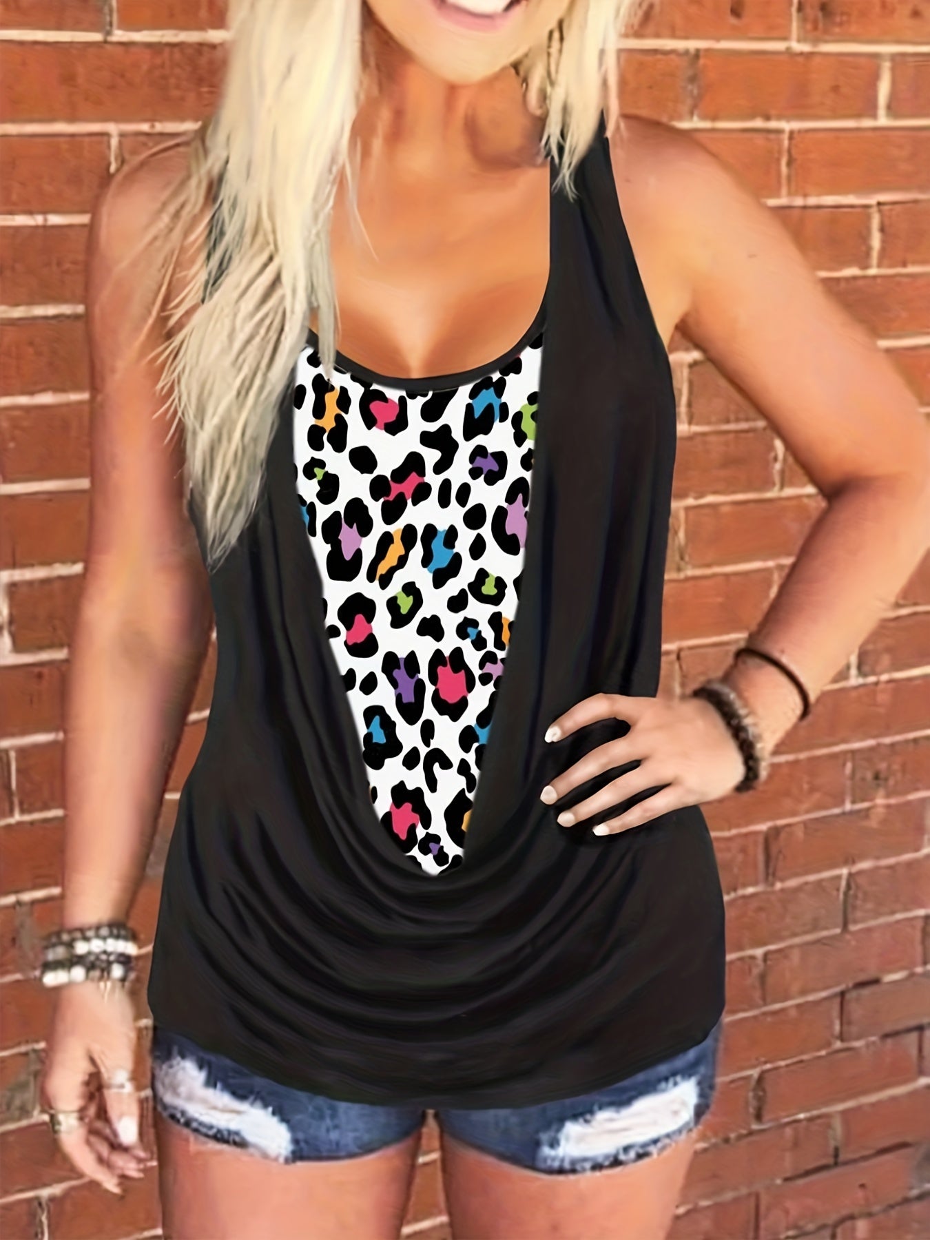  Colorblock Leopard Ruched Tank Top