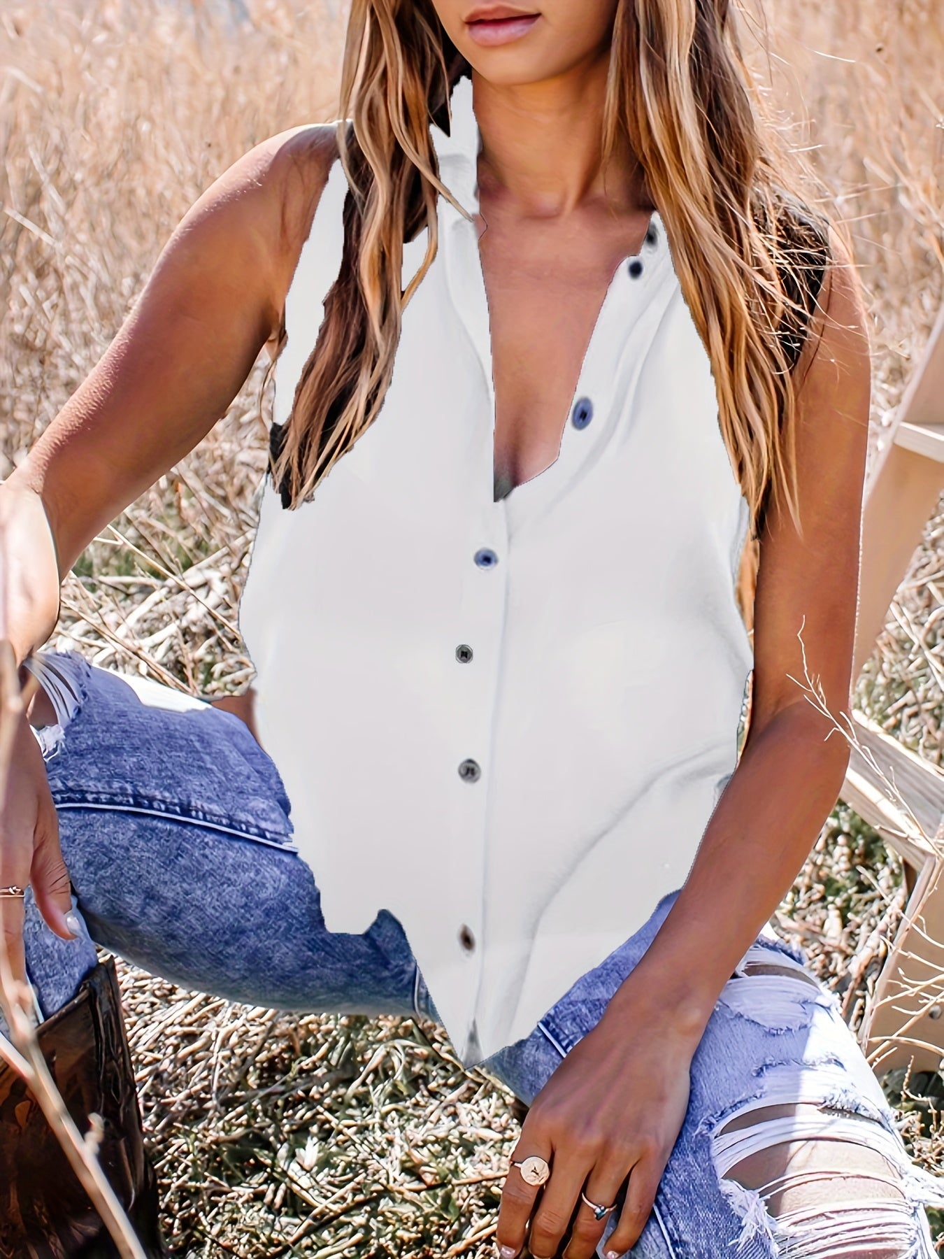  Women's Button Up Polo Neck Tank Top