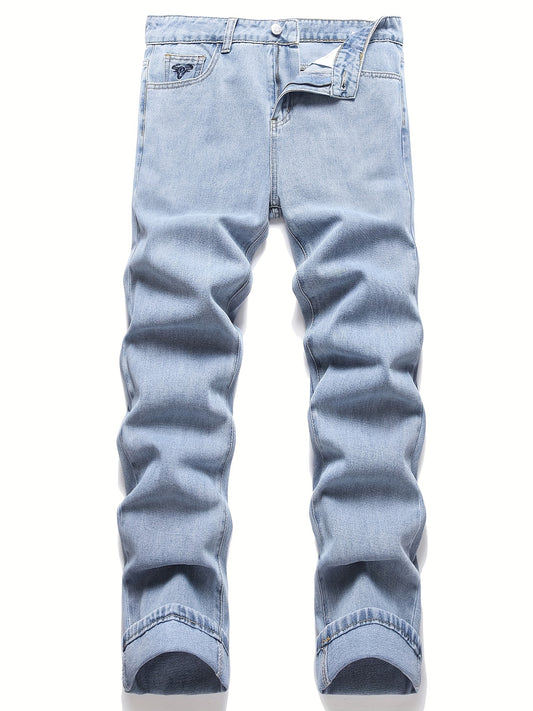 Mens Embroidered Ox Head Jeans Straight Regular Denim Jeans