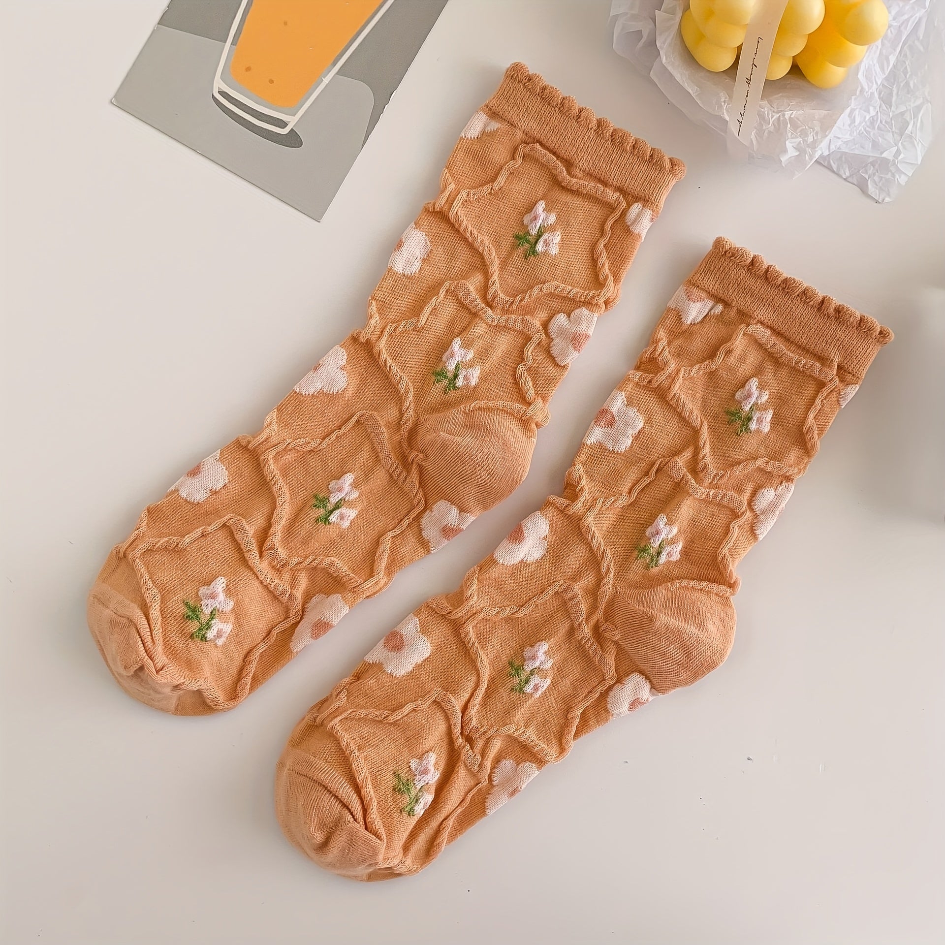 4 Pairs Floral Print Textured Socks Women's Stockings