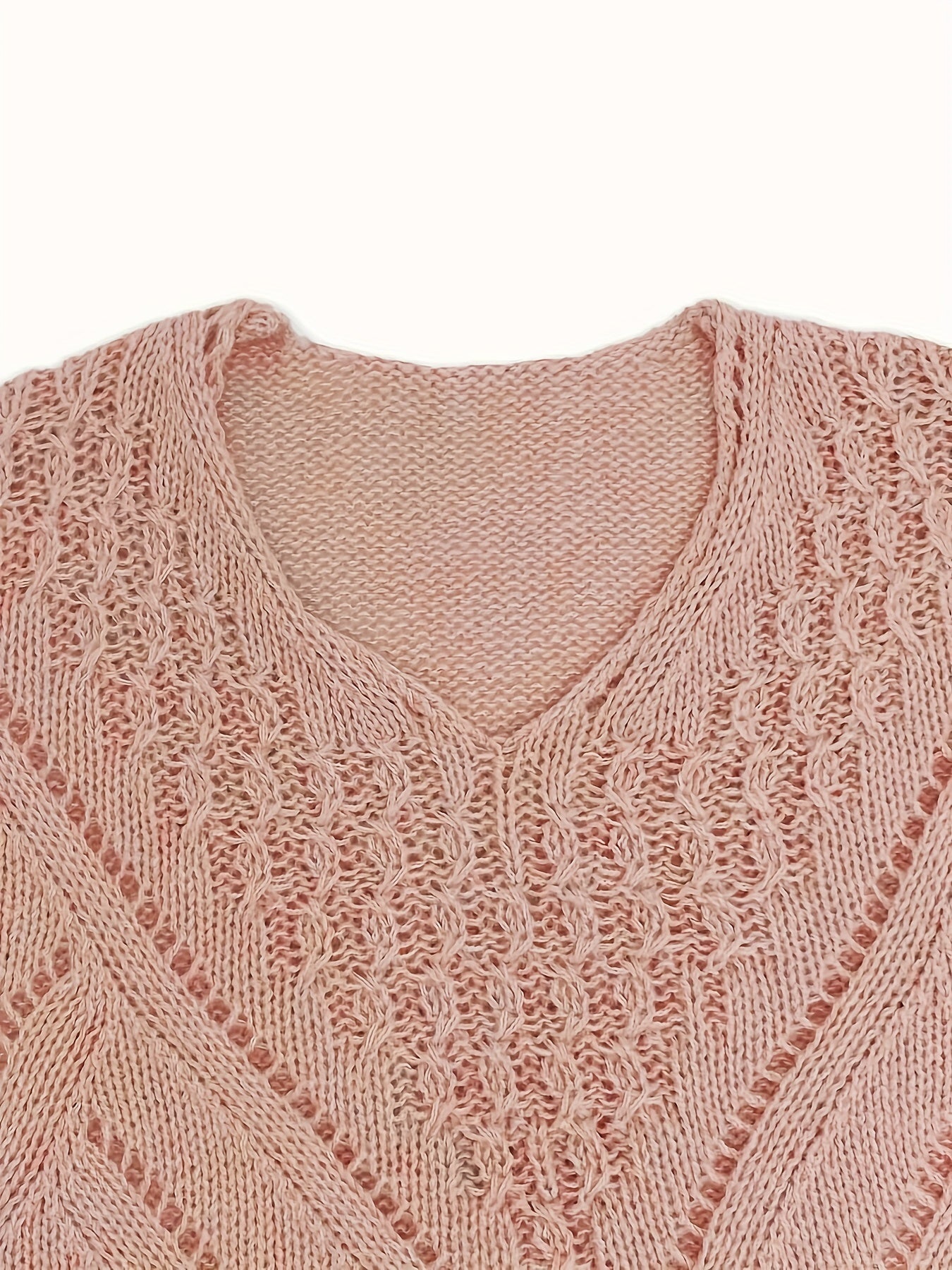 V Neck Hollow Out Solid Knit Sweater Long Sleeve