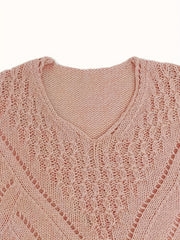 V Neck Hollow Out Solid Knit Sweater Long Sleeve