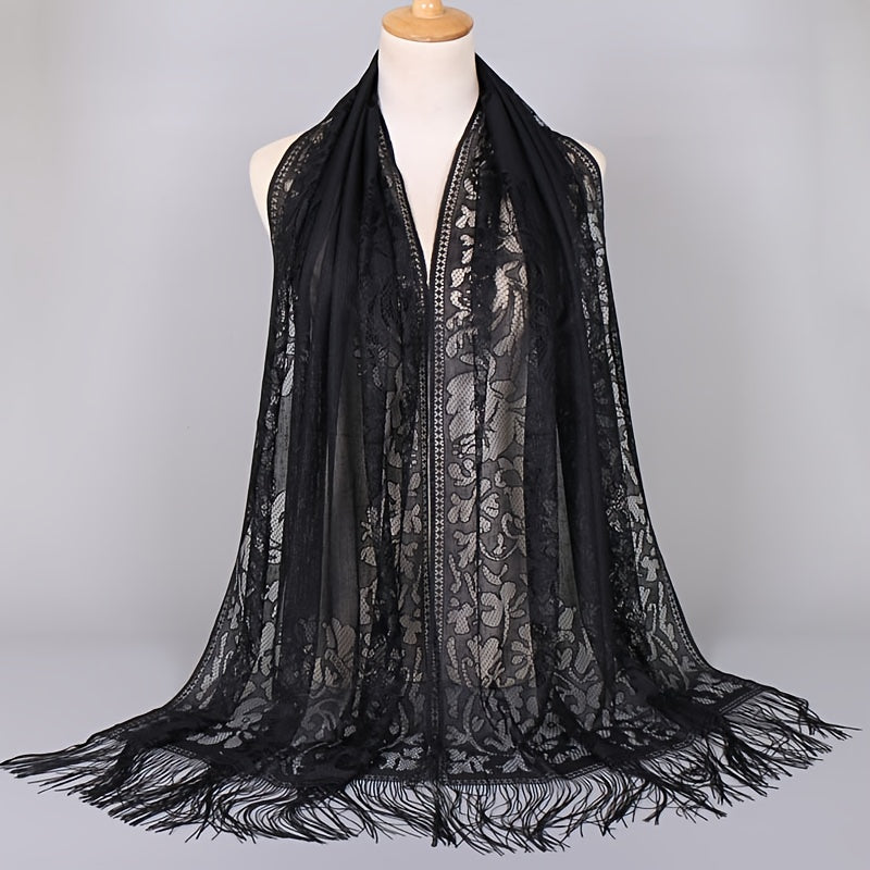 Floral Lace Scarf Shawl With Tassels Soft Mesh Fringe Wraps