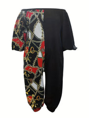  Colorblock Chain Print Off Shoulder Jumpsuit