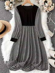  Colorblock Houndstooth Print Round Neck Dress