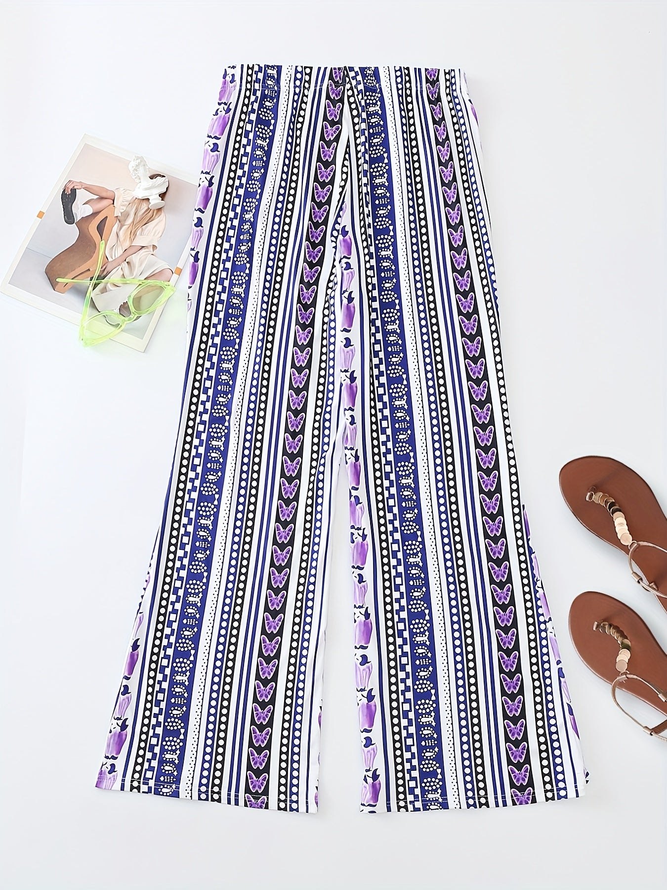  Butterfly & Dot Print High Rise Stretch Pants