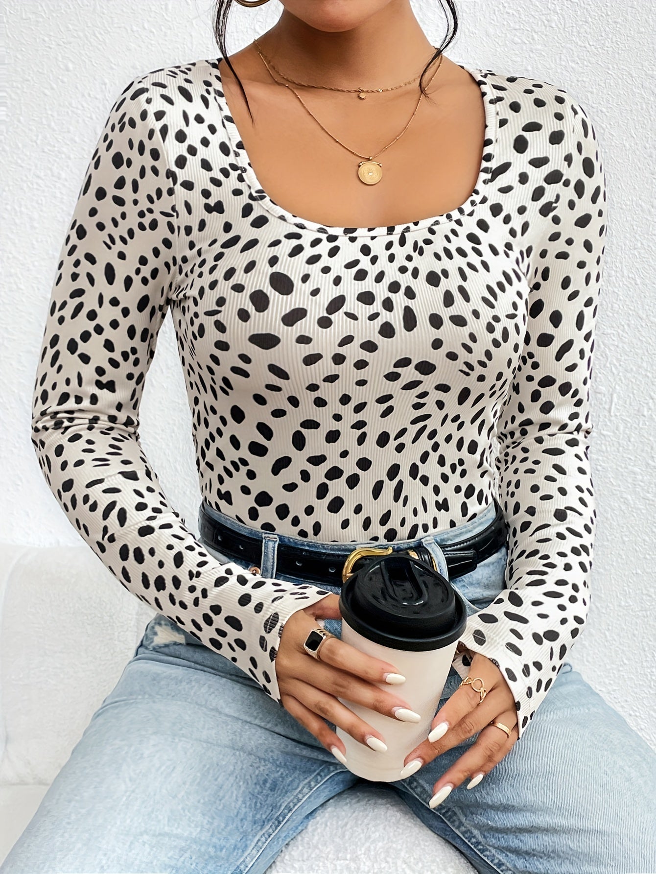  Dalmatian Print Long Sleeve Square Neck Bodysuit
