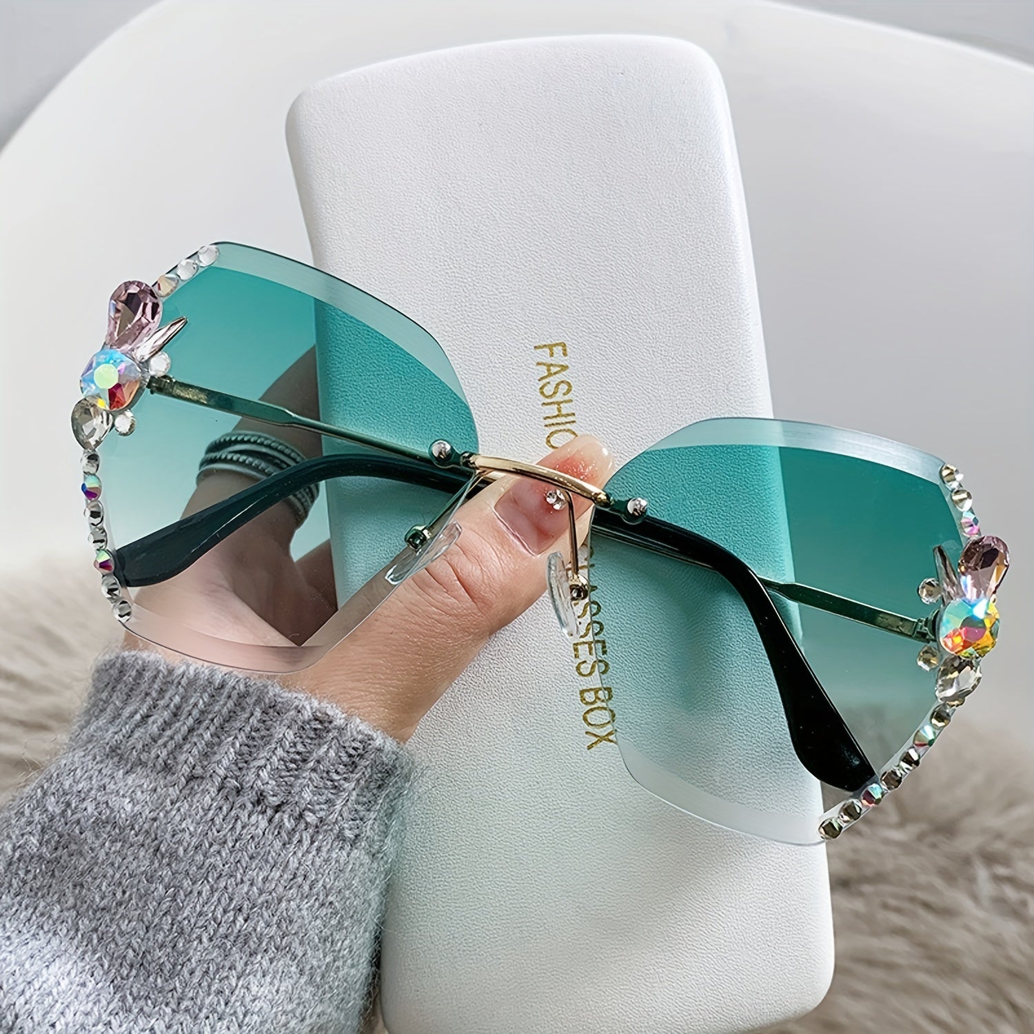 Rhinestone Rimless Sunglasses UV400 Gradient Glasses