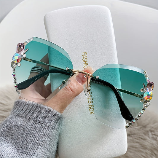 Rhinestone Rimless Sunglasses UV400 Gradient Glasses