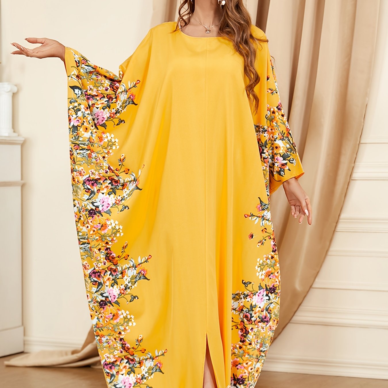  Floral Print Party Abaya Dress with Split Kaftan Design