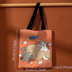 Cat And Fish Print Canvas Tote Bag Large Travel Beach Shoulder Bag