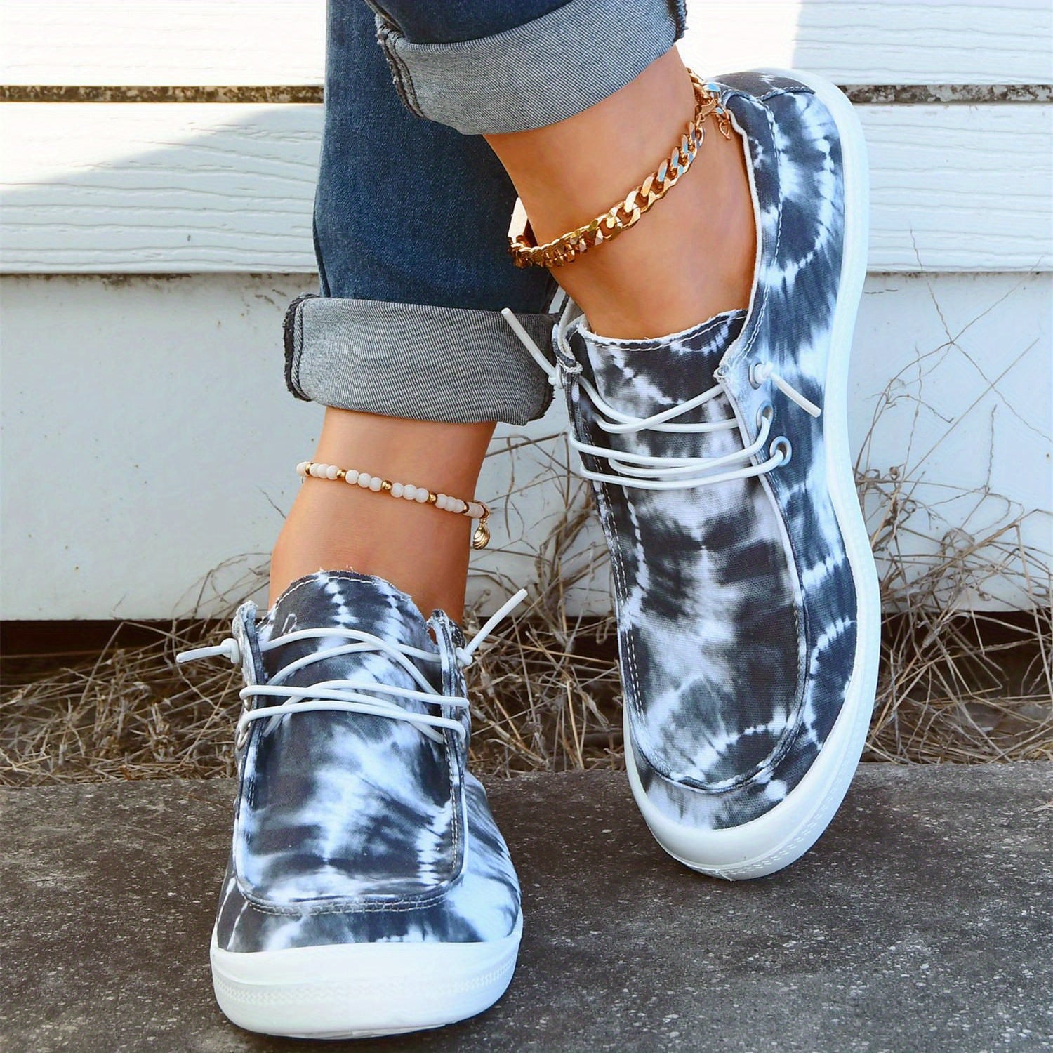Women's Tie Dye Canvas Shoes Round Toe Lace Up Comfy Slip On Shoes