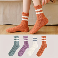 4 Pairs Striped Fuzzy Socks Warm Mid Tube Women's Stockings