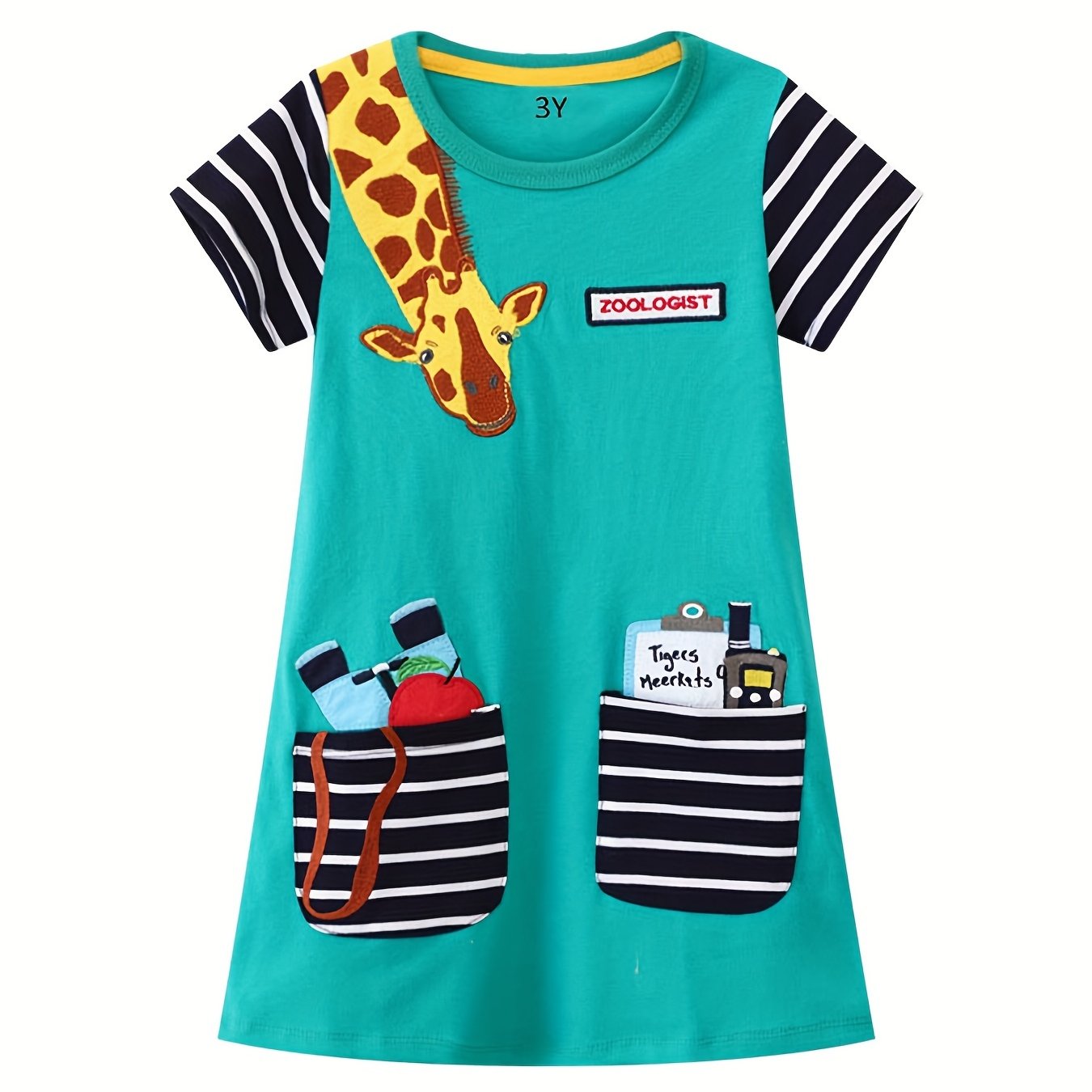 Toddler Girls Giraffe Embroidered Pocket Casual Dress