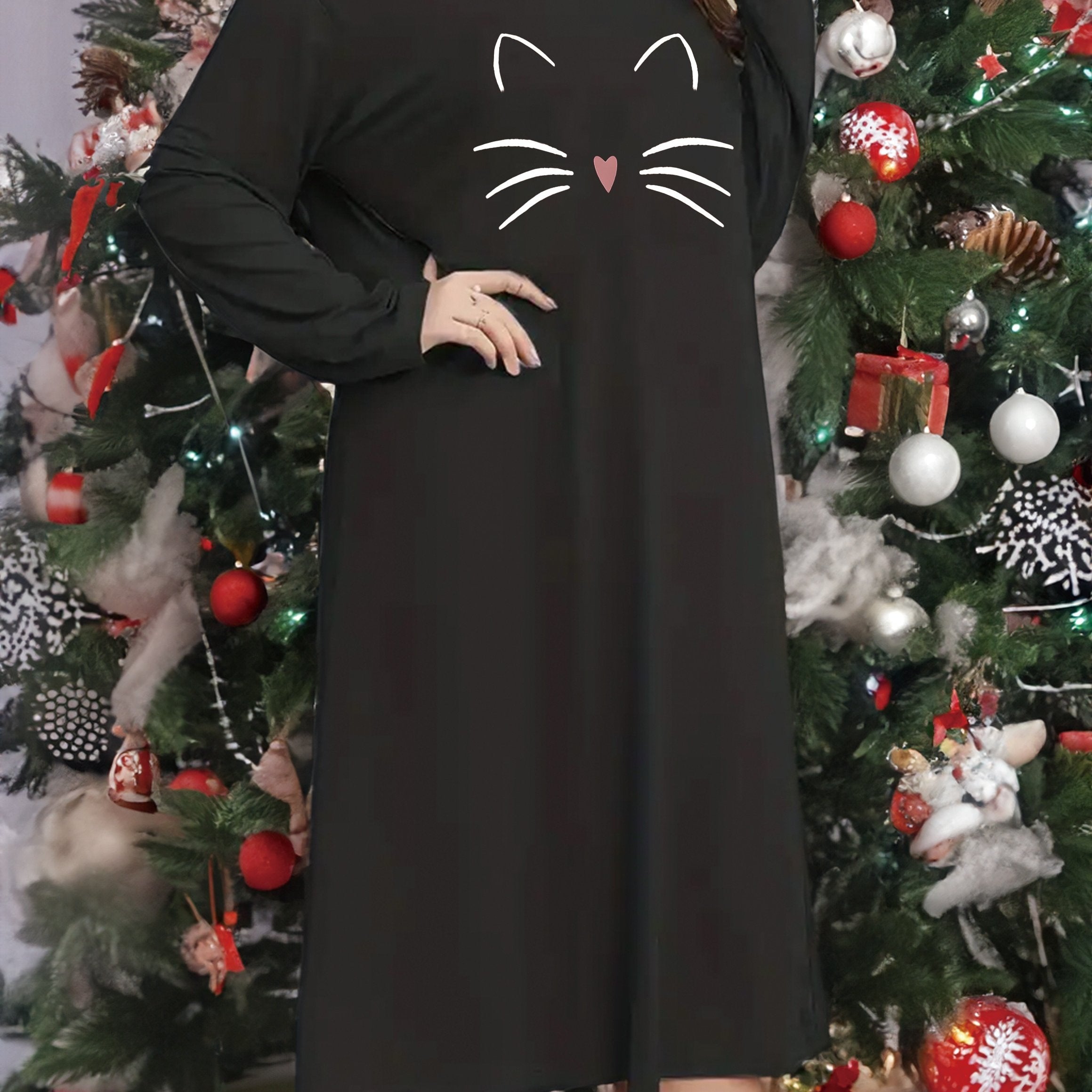  Nightdress Cat Graphic Long Sleeve Round Neck Sleep Dress