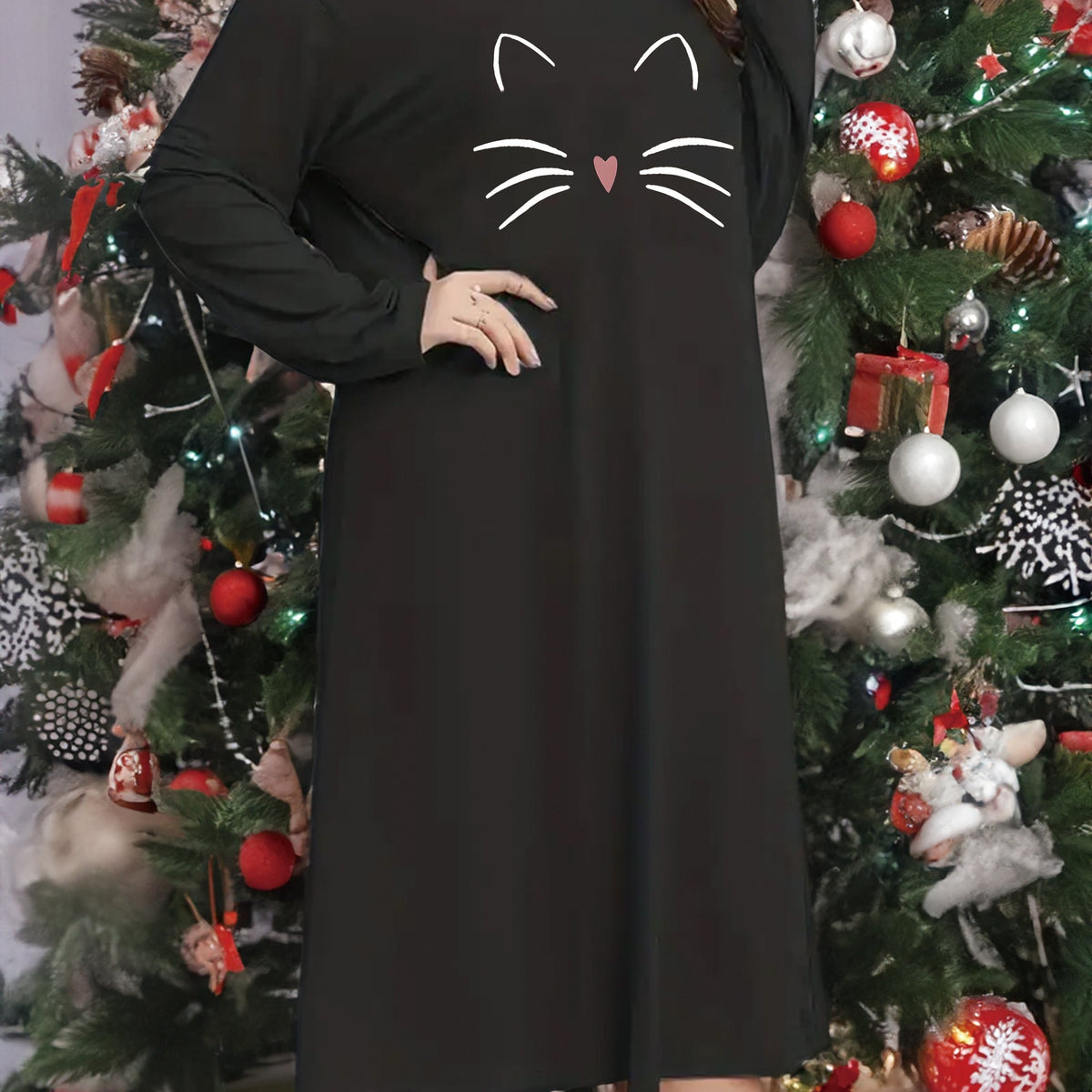  Nightdress Cat Graphic Long Sleeve Round Neck Sleep Dress