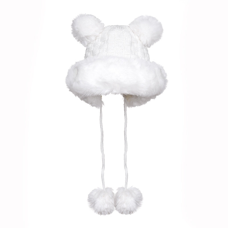 Women's Winter Plush Hat with Bear Ears and Fur Ball