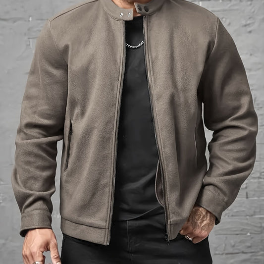 Men's PU Jacket Stand Collar Zip-Up Faux Leather