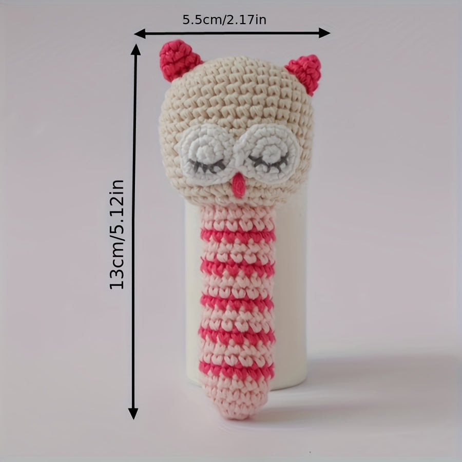 Crochet Owl Bell Toy Soft Nylon Sensory Stimulation Bead Eyes Pink Teething Toy