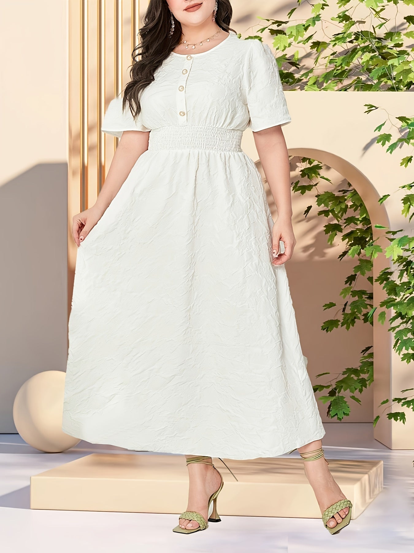  Solid Textured Button Decor Maxi Dress