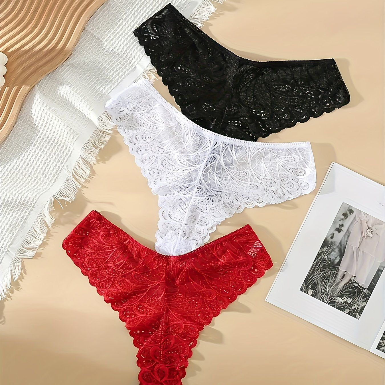3pcs Lace Thongs Breathable & Comfy Panties Women's Lingerie