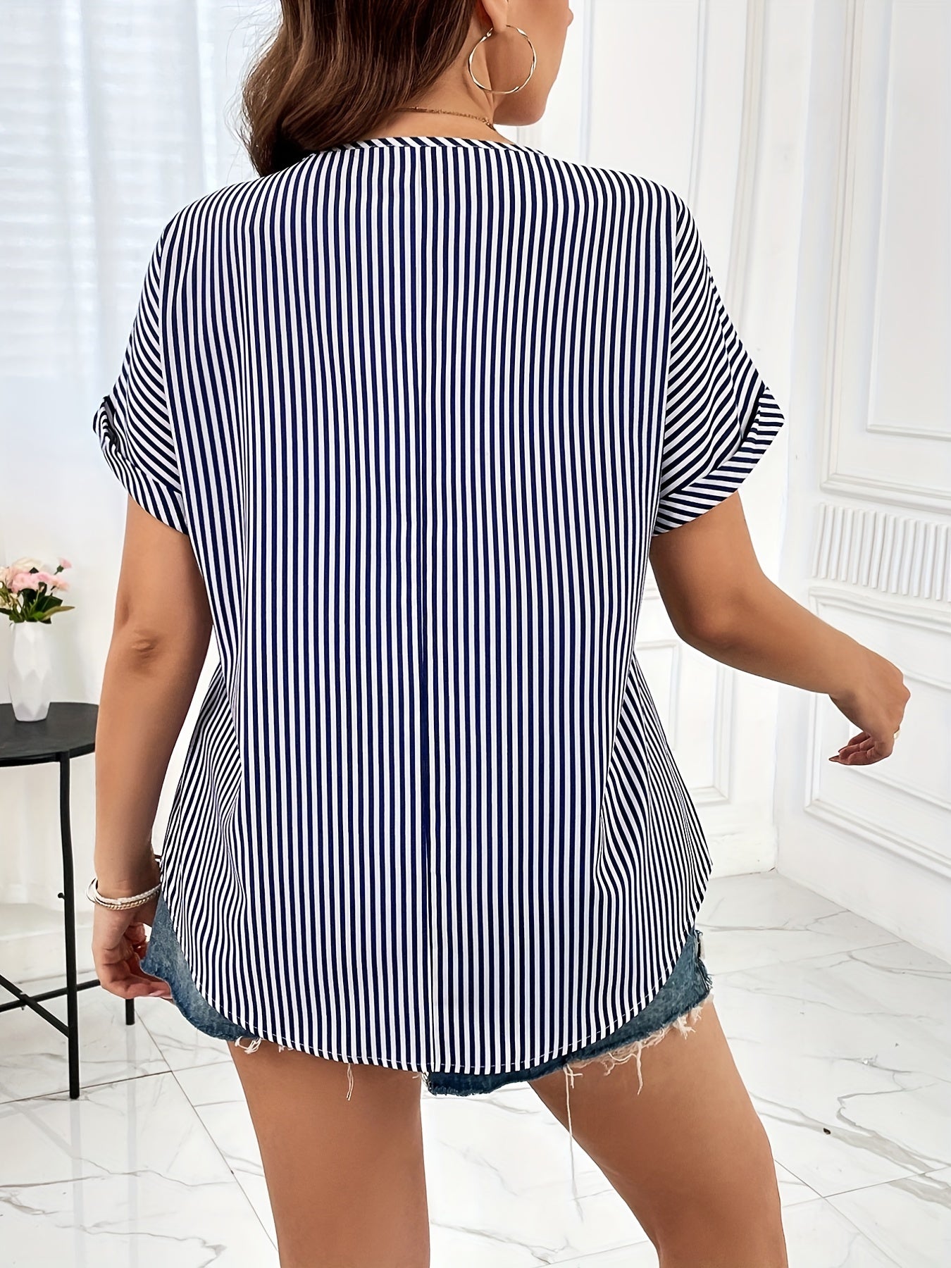  Nautical Stripe Zipper V Neck Blouse
