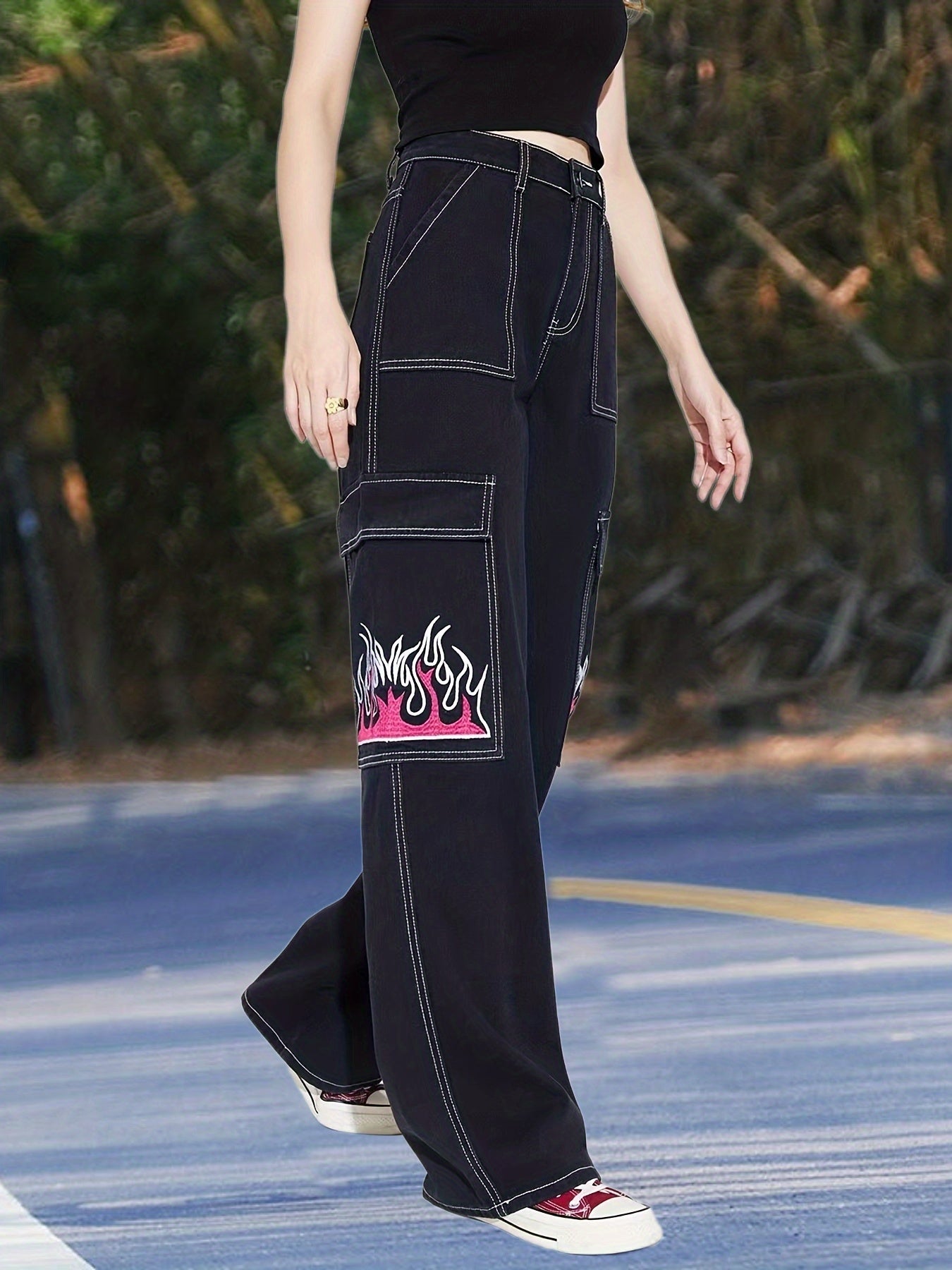 Fire Print Loose Fit Straight Jeans High Waist Non Stretch High Rise Streetwear