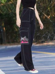 Fire Print Loose Fit Straight Jeans High Waist Non Stretch High Rise Streetwear