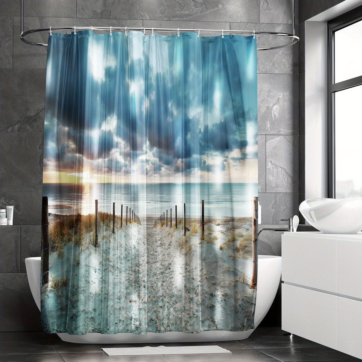Extra Long Ocean Beach Shower Curtain with 12pcs Hooks