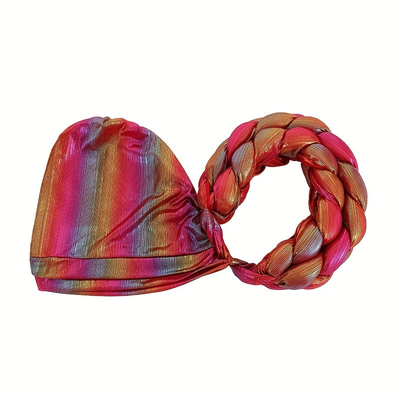 Red Gradient Turban Cap Double Layer Braided Hijab Hat Elastic Bonnet Chemo Hats