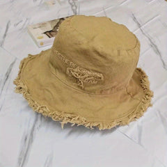 Vintage Embroidery Bucket Hat Frayed Brim Beach Sunscreen Outdoor Basin Hat