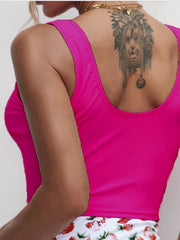  Tankini Set Solid Buckle Front Square Neck Crop Tank