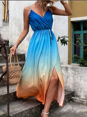  Ombre Split Neck Drawstring Dress