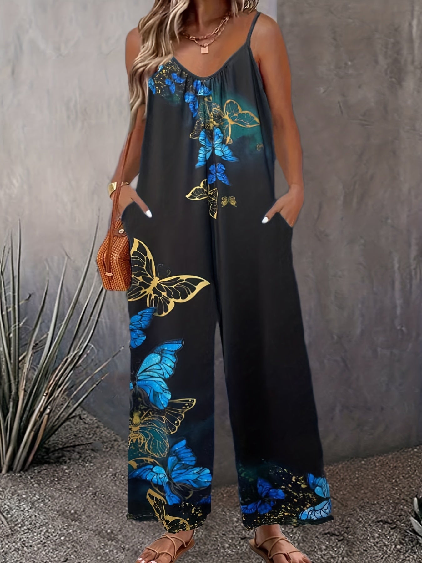  Butterfly Print V Neck Wide Leg Jumpsuit