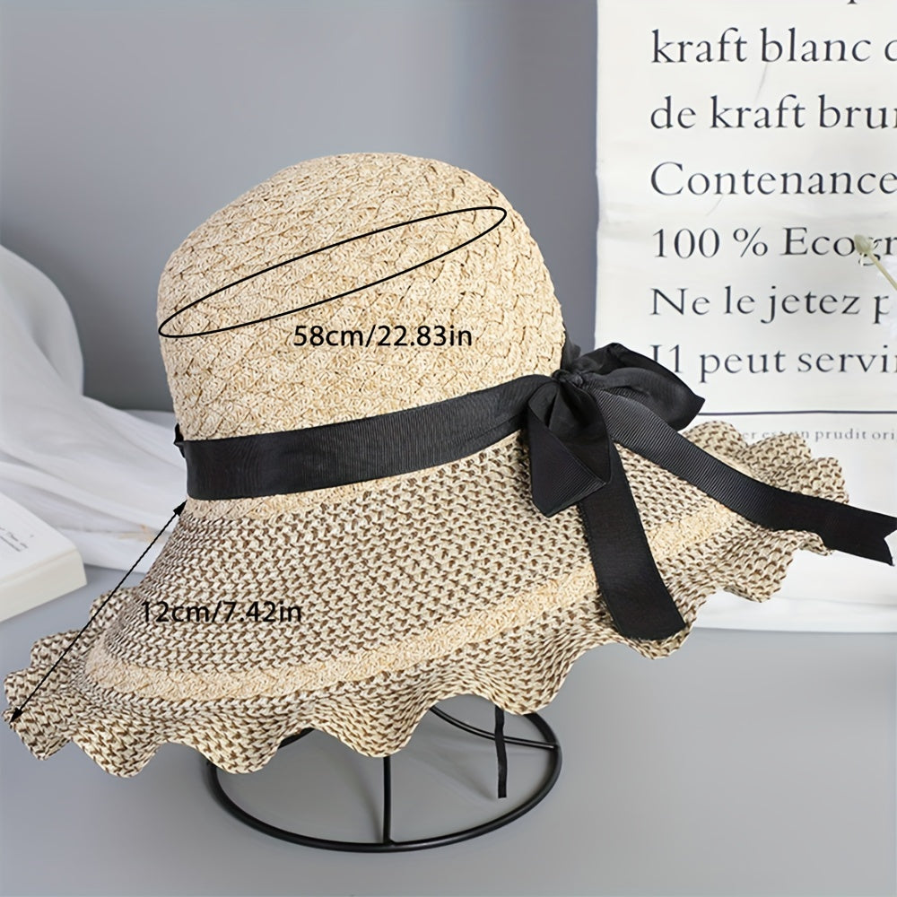 Ruffle Brim Sun Hat with Bowknot, Crochet Straw Beach Hat