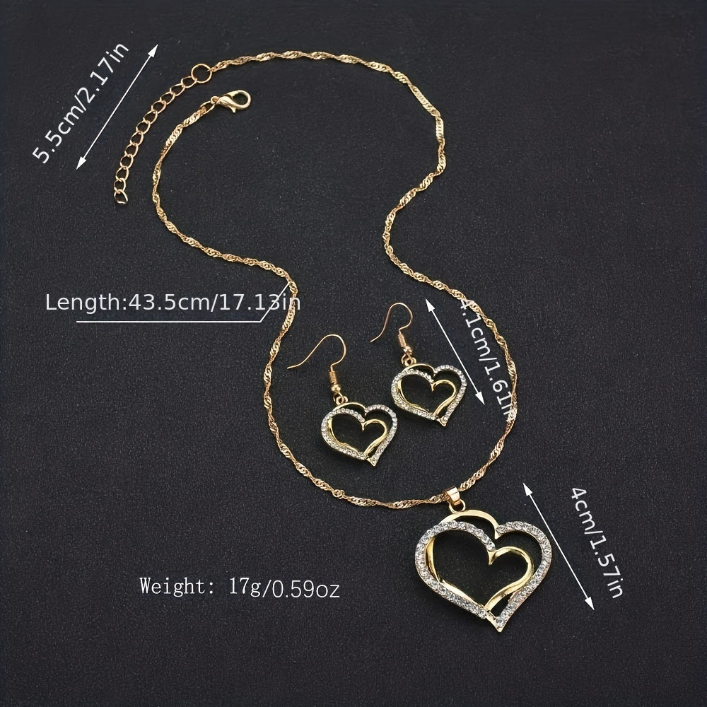 Double Heart Necklace Earrings Bracelet Set Romantic